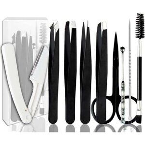 9-Piece Eyebrow Grooming Kit W/ Carrying Case - Razor, Scissors & Brush Tool Set